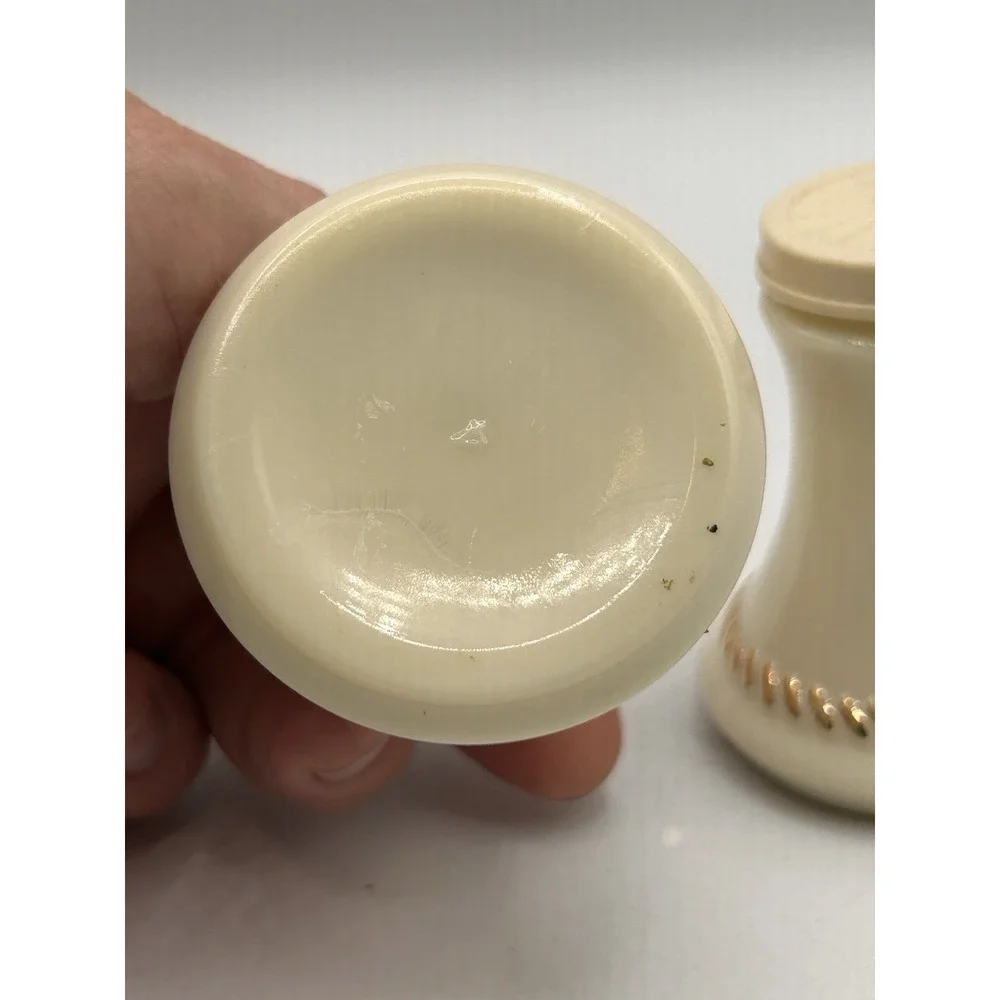 Wheatonware Custard Glass Salt & Pepper‎ Shakers With Lids Gold Trim